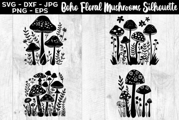 Boho Floral Mushrooms Silhouettes SVG Graphics and Illustrations