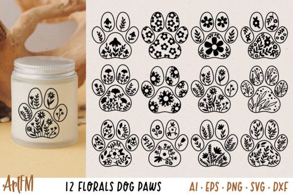 Floral Dog Paw Vector Illustrations: Graphics and Branding Assets
