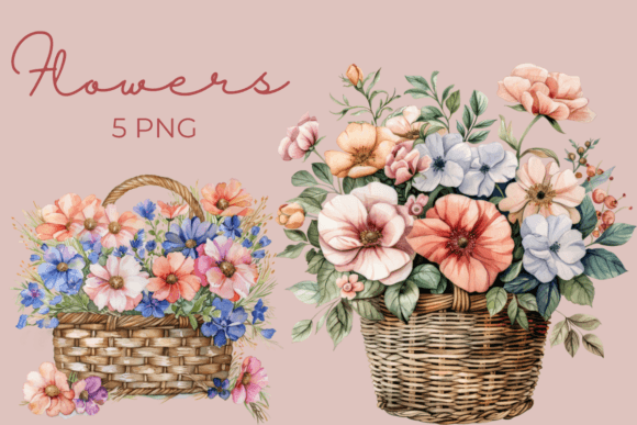 Flower Baskets, Watercolor Floral Basket