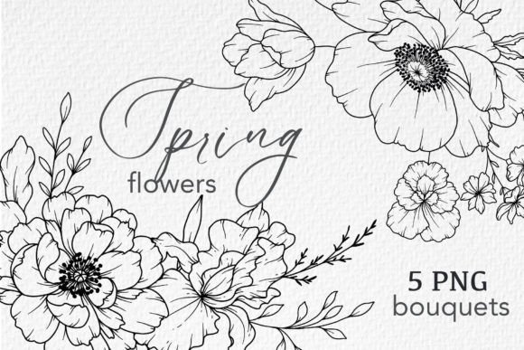 FLOWERS LINE DRAWING, FLORAL LINE ART Graphics and Illustrations