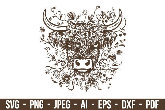 Highland Cow with Floral Wreath SVG Graphics and Illustrations Review