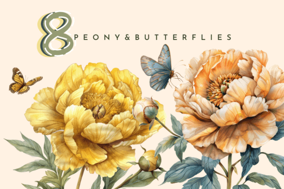 Peony Flower, Watercolor Yellow Floral Graphics and Illustrations