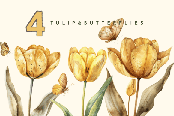 Tulip Flower, Watercolor Yellow Floral Graphics and Illustrations