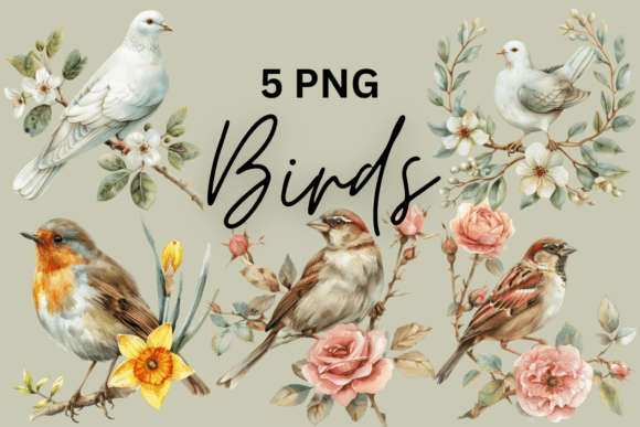 Watercolor Bird Floral Design Nature Art Graphics & Illustrations