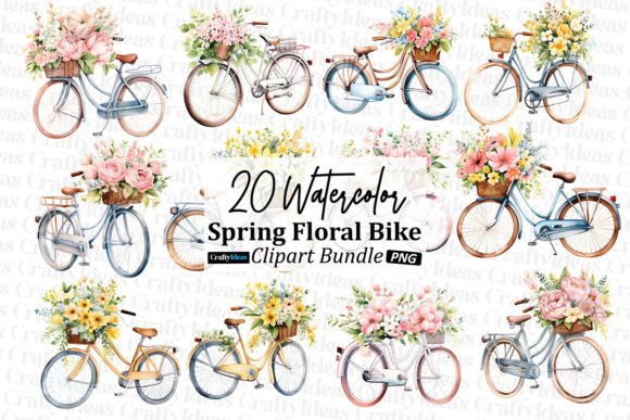 Watercolor Spring Floral Bike Clipart Graphics & Illustrations